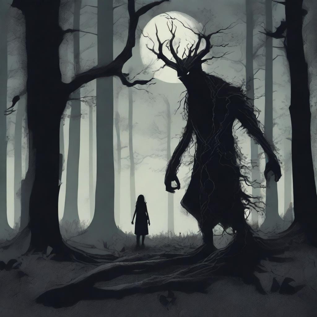 A mysterious figure crossing a dark, dense forest at night