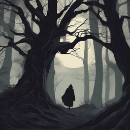 A mysterious figure crossing a dark, dense forest at night