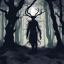 A mysterious figure crossing a dark, dense forest at night