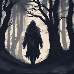 A mysterious figure crossing a dark, dense forest at night