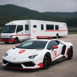 Lamborghini cars redesigned as fast response ambulances, featuring a white and red color scheme, emergency lights and medical symbols.