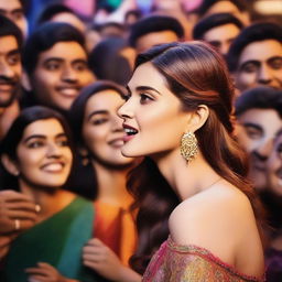 Kriti Sanon being surrounded by a crowd of fans, with some fans giving her friendly kisses on the cheek