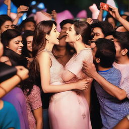 Kriti Sanon being surrounded by a crowd of fans, with some fans giving her friendly kisses on the cheek