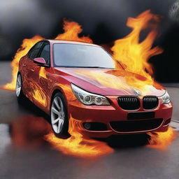 A BMW E60 model engulfed in vibrant flames, with detailed fire effects showing the intensity and movement of the flames around the vehicle