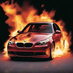 A BMW E60 model engulfed in vibrant flames, with detailed fire effects showing the intensity and movement of the flames around the vehicle