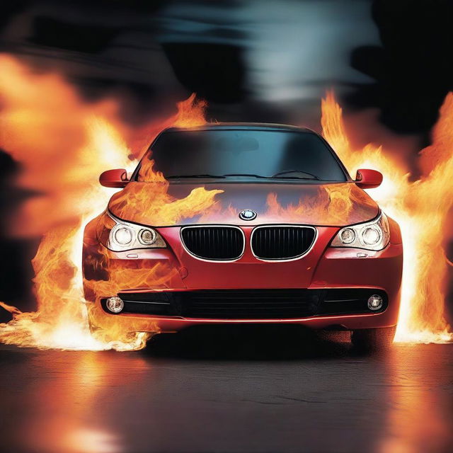 A BMW E60 model engulfed in vibrant flames, with detailed fire effects showing the intensity and movement of the flames around the vehicle