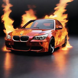 A BMW E60 model engulfed in vibrant flames, with detailed fire effects showing the intensity and movement of the flames around the vehicle