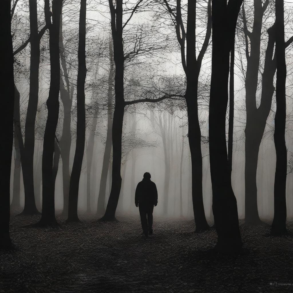 Un hombre caminando a través de un bosque oscuro