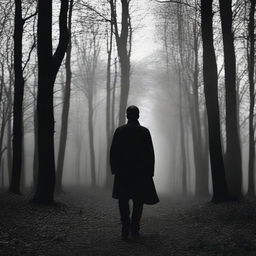 Un hombre caminando a través de un bosque oscuro