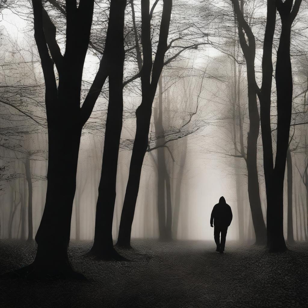 Un hombre caminando a través de un bosque oscuro