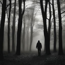 Un hombre caminando a través de un bosque oscuro