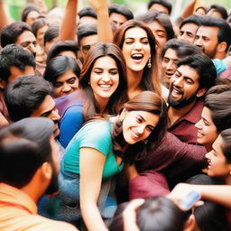 Kriti Sanon being tightly hugged by a crowd of enthusiastic fans