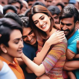 Kriti Sanon being tightly hugged by a crowd of enthusiastic fans