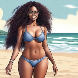 A young Black girl with glasses, an elegant body, wide hips, a slim waist, and large thighs