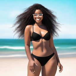 A young Black girl with glasses, an elegant body, wide hips, a slim waist, and large thighs