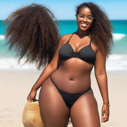 A young Black girl with glasses, an elegant body, wide hips, a slim waist, and large thighs