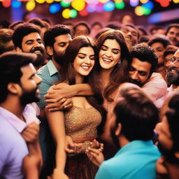 Kriti Sanon being tightly hugged by a group of men in a public setting