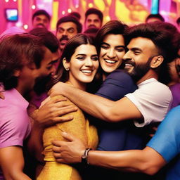 Kriti Sanon being tightly hugged by a group of men in a public setting