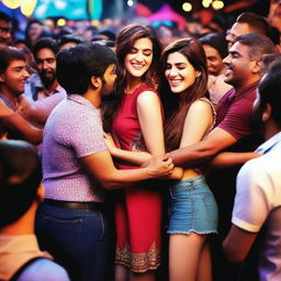 Kriti Sanon being tightly hugged by a group of men in a public setting