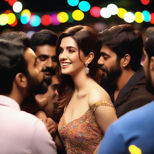 Kriti Sanon being tightly hugged by a group of men in a public setting