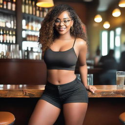 A young, elegant Black girl with glasses, wide hips, a slim waist, and large thighs