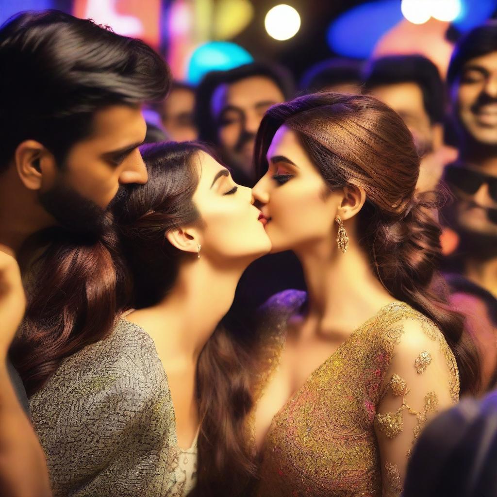 Kriti Sanon being tightly kissed on the cheek by a group of men in a public setting