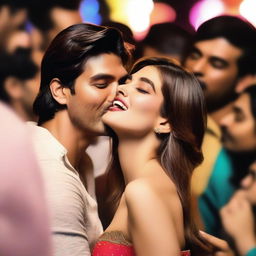 Kriti Sanon being tightly kissed on the cheek by a group of men in a public setting