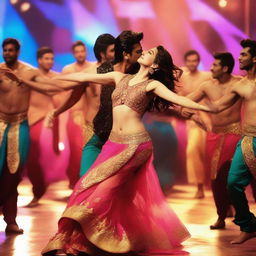 Bollywood actress Kriti Sanon on stage being kissed by 50 male dancers