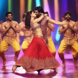 Bollywood actress Kriti Sanon on stage being kissed by 50 male dancers