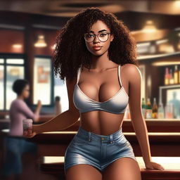 A young Black girl with glasses, an elegant body, wide hips, a slim waist, and large thighs