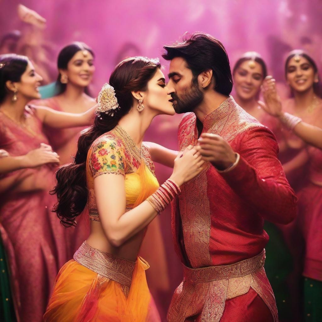 Bollywood actress Kriti Sanon being kissed on the cheek by 50 dancers during a vibrant and colorful dance performance