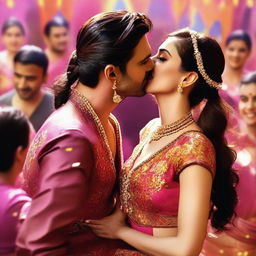 Bollywood actress Kriti Sanon being kissed on the cheek by 50 dancers during a vibrant and colorful dance performance