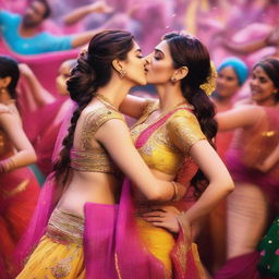 Bollywood actress Kriti Sanon being kissed on the cheek by 50 dancers during a vibrant and colorful dance performance