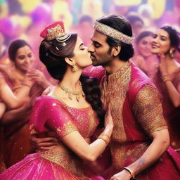 Bollywood actress Kriti Sanon being kissed on the cheek by 50 dancers during a vibrant and colorful dance performance