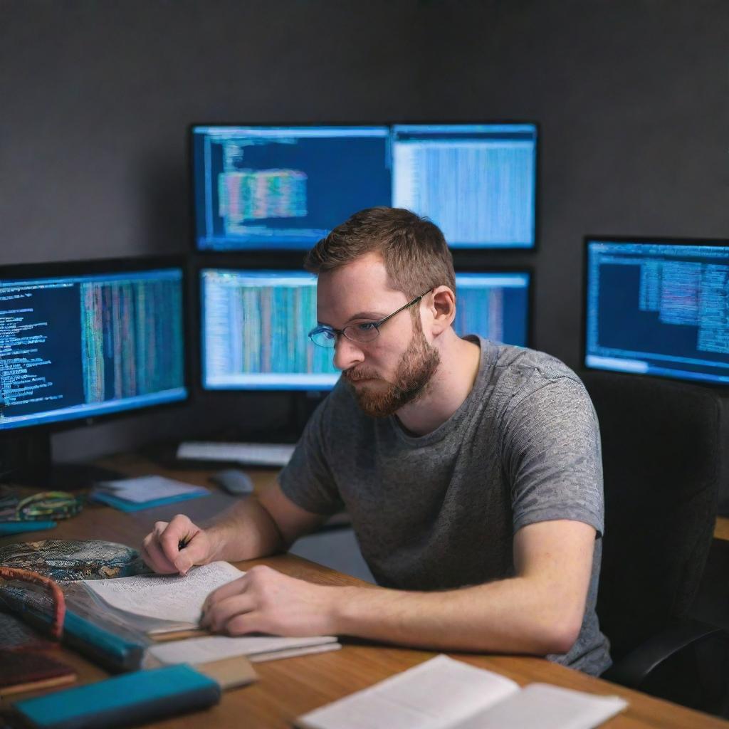 A python programmer sitting in front of multiple screens filled with colorful code, intensely focused on their task in a well-lit room with python language books scattered around.