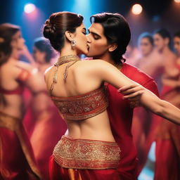 Bollywood actress Kriti Sanon being kissed on the lips by 50 dancers during an intense and energetic dance performance