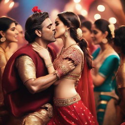 Bollywood actress Kriti Sanon being kissed on the lips by 50 dancers during an intense and energetic dance performance