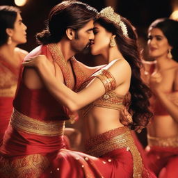 Bollywood actress Kriti Sanon being kissed on the lips by dancers during an intense and energetic dance performance