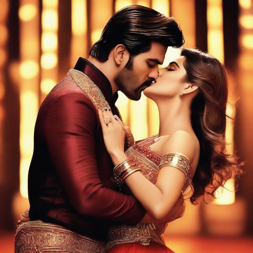 Bollywood actress Kriti Sanon sharing a deep kiss with a male dancer, both displaying sexy expressions during an intense and passionate dance performance