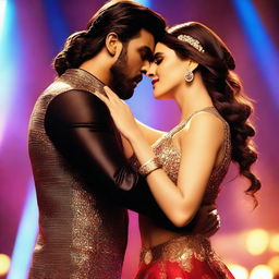 Bollywood actress Kriti Sanon sharing a deep kiss with a male dancer, both displaying sexy expressions during an intense and passionate dance performance