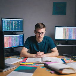 A python programmer sitting in front of multiple screens filled with colorful code, intensely focused on their task in a well-lit room with python language books scattered around.