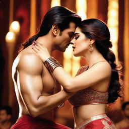 Bollywood actress Kriti Sanon sharing a deep kiss with a male dancer, both displaying sexy expressions during an intense and passionate dance performance