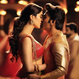 Bollywood actress Kriti Sanon sharing a deep kiss with a male dancer, both displaying sexy expressions during an intense and passionate dance performance