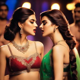 Bollywood actress Kriti Sanon displaying sexy expressions while kissing a backup dancer during an intense and passionate dance performance