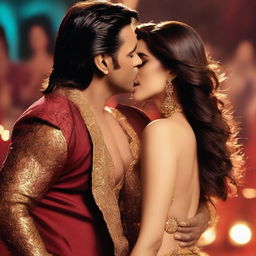 Bollywood actress Kriti Sanon displaying sexy expressions while kissing a backup dancer during an intense and passionate dance performance