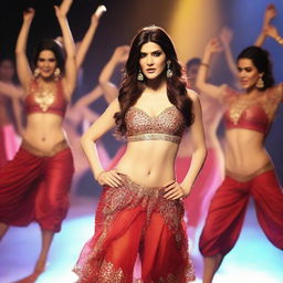 Bollywood actress Kriti Sanon displaying sexy expressions while grinding with backup dancers during an intense and energetic dance performance