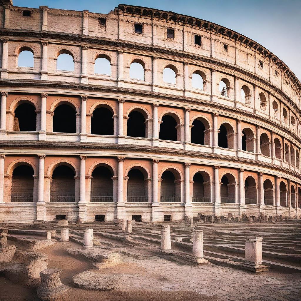 A panoramic image of the Colosseum at dusk, with the last rays of sun illuminating its arches