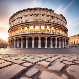 A panoramic image of the Colosseum at dusk, with the last rays of sun illuminating its arches