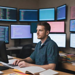 A python programmer sitting in front of multiple screens filled with colorful code, intensely focused on their task in a well-lit room with python language books scattered around.