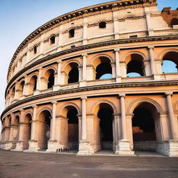 A panoramic image of the Colosseum at dusk, with the last rays of sun illuminating its arches